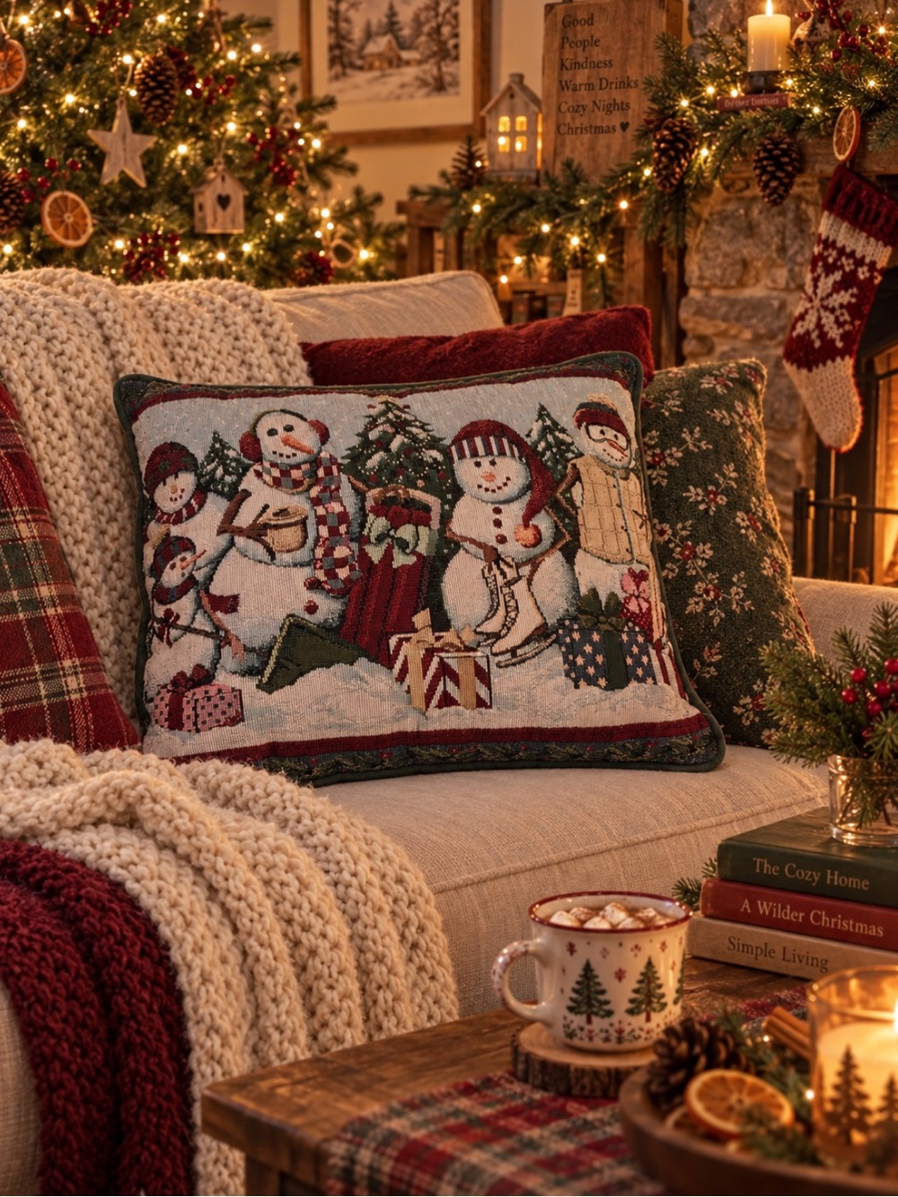 Vintage Christmas Holiday Snowman Needlepoint Throw Pillow Green